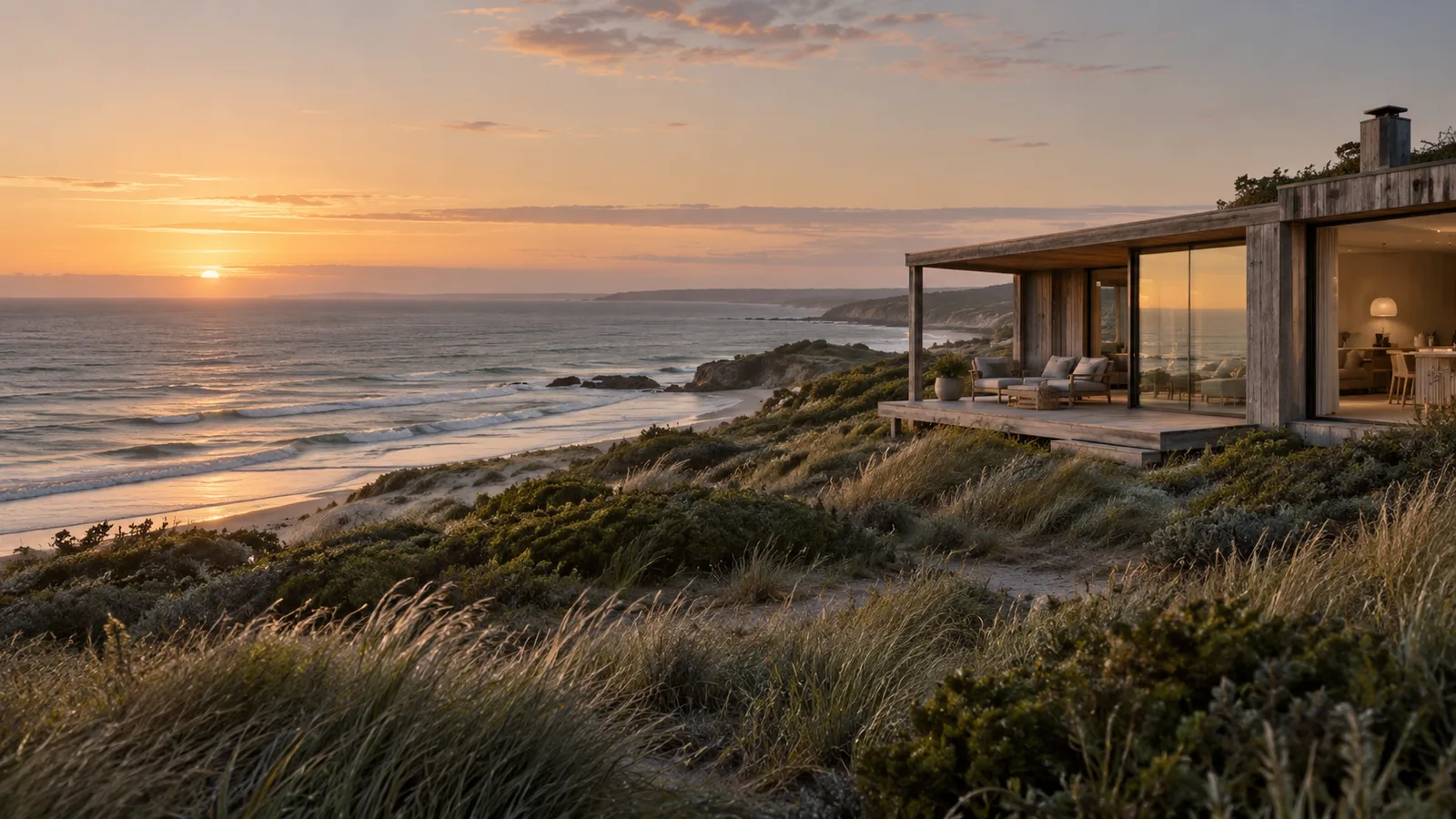 A timber coastal retreat at golden hour above a quiet shore