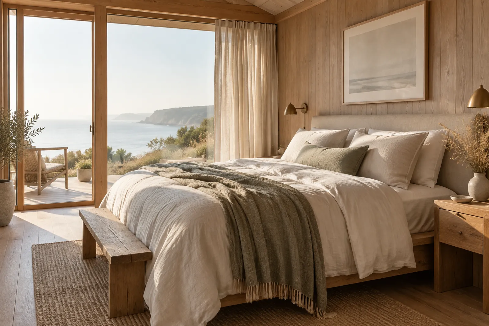 A calm, timber-lined room with natural linen