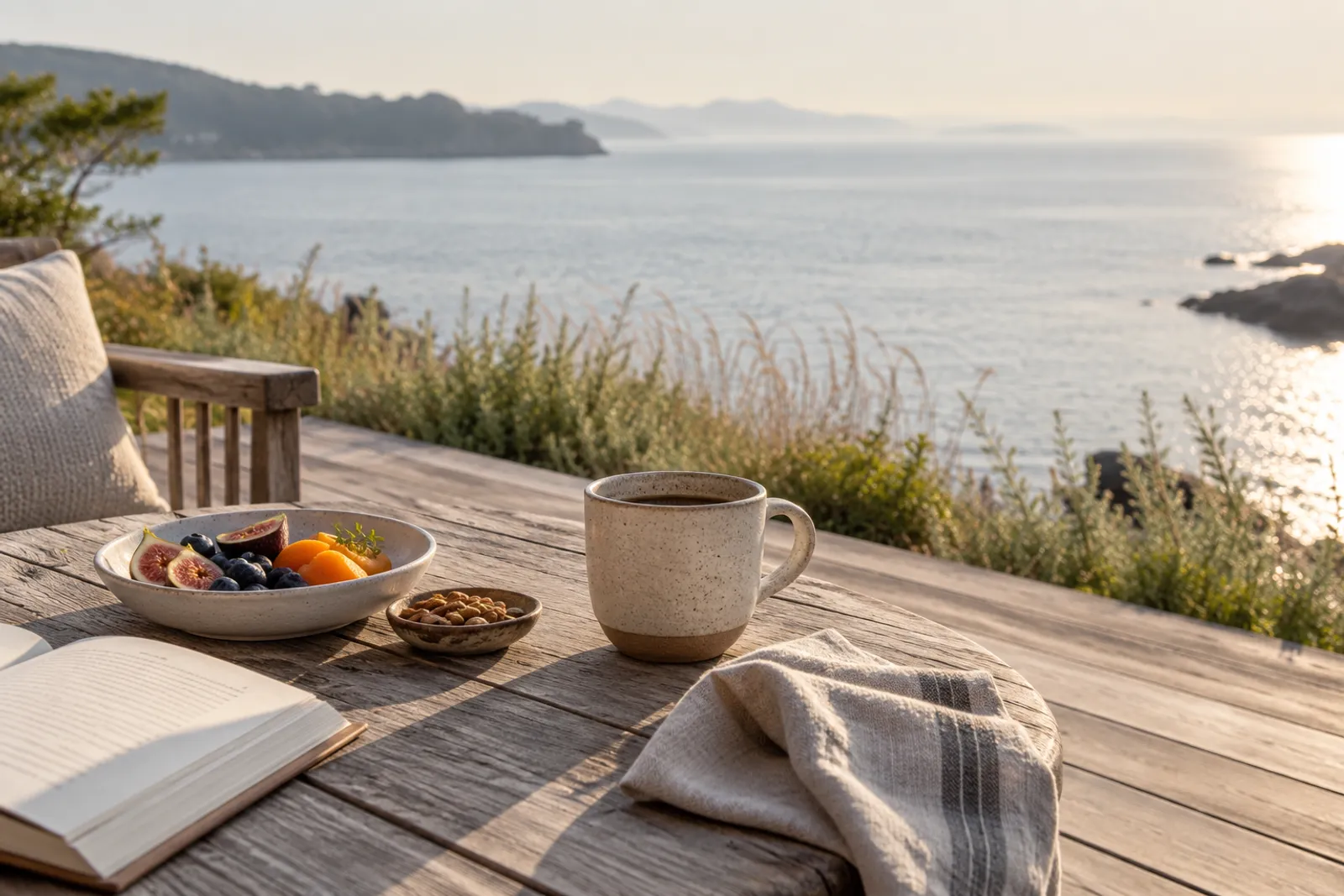 A simple breakfast and coffee on a timber terrace beside the sea